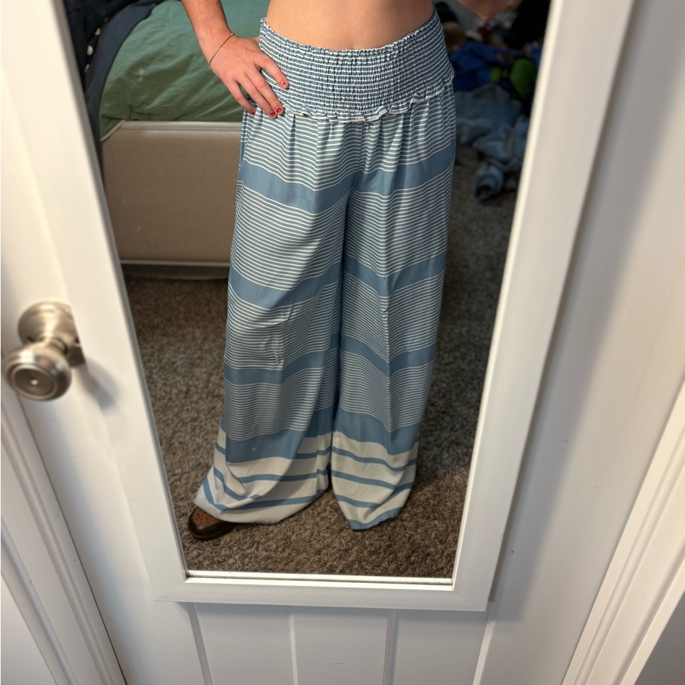 Blue and White Striped Stretchy Pants